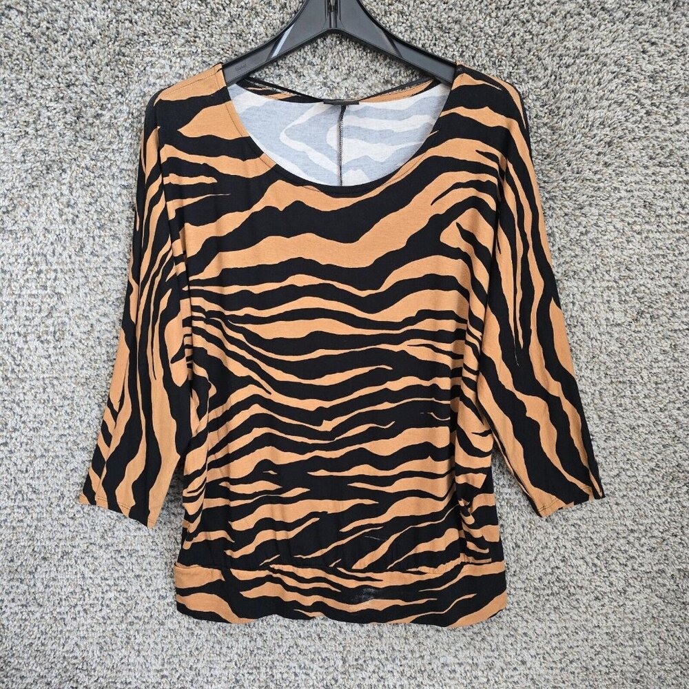JM Collection Top Womens Medium Brown Animal Print Scoop Neck Dolman Sleeve